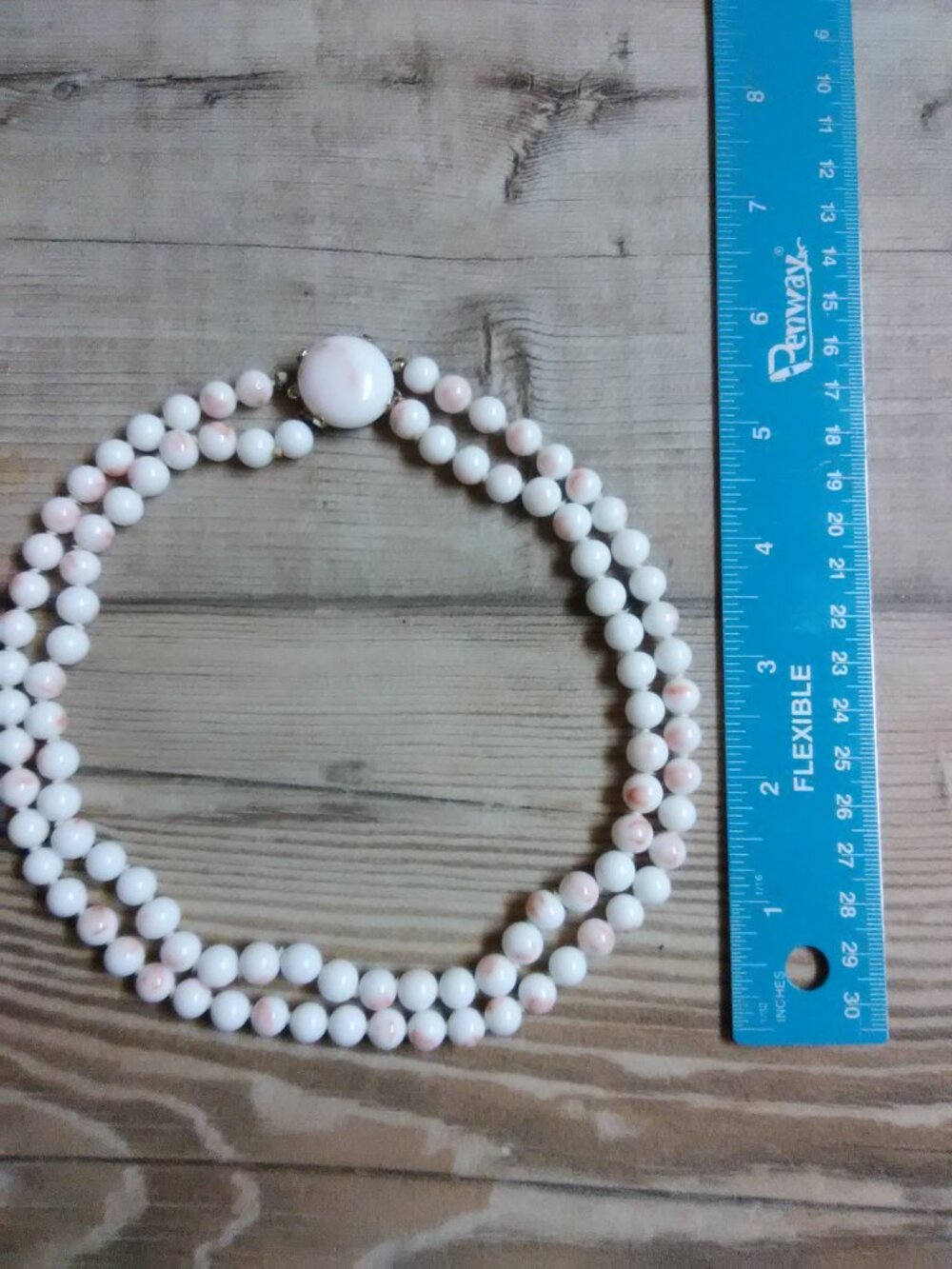 Castlecliff milk glass two strand necklace - white beads w/ pink / blush spots - Picture 3 of 14